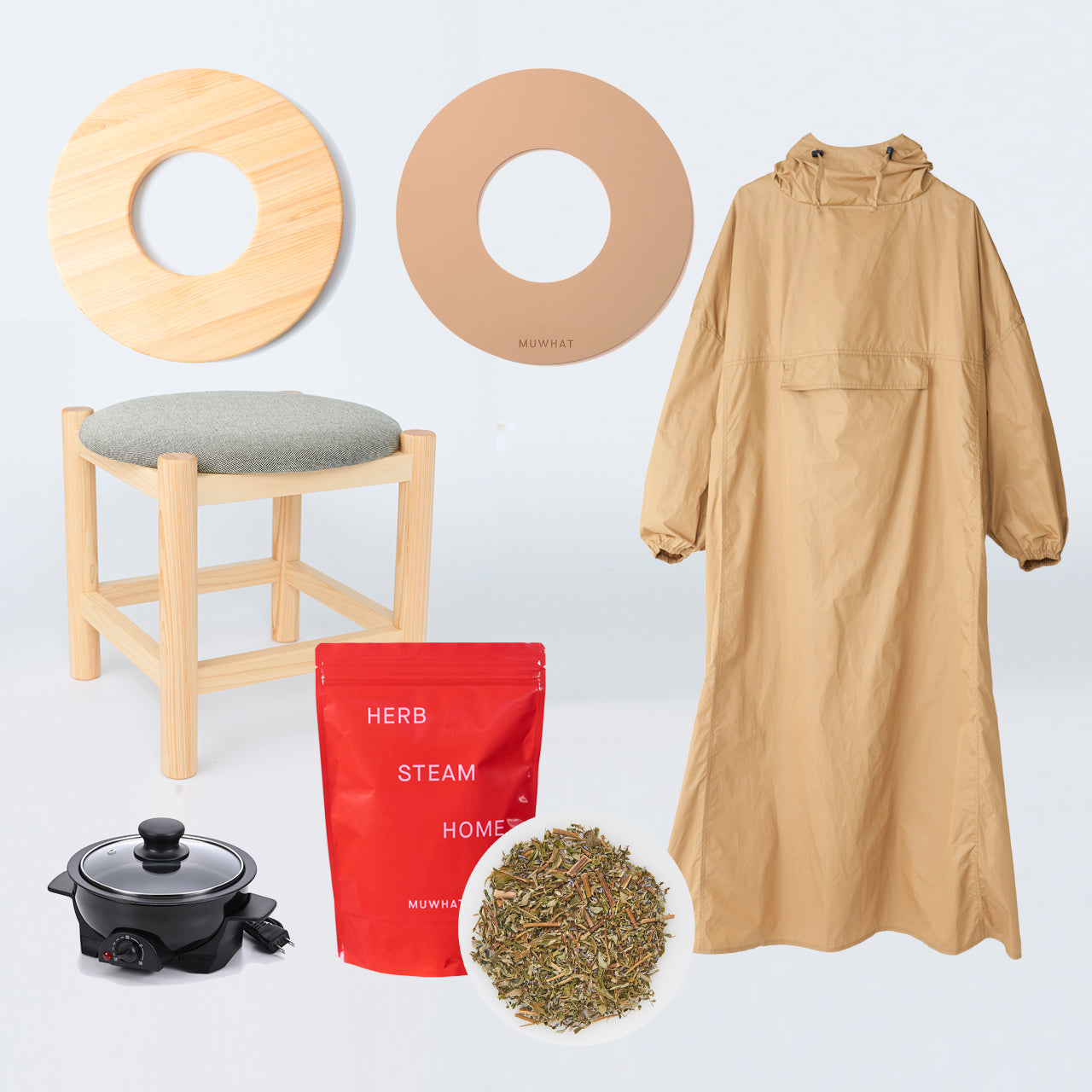 期間限定 ｜MUWHAT ハーブたっぷり自宅よもぎ蒸しセット ヒノキスツール