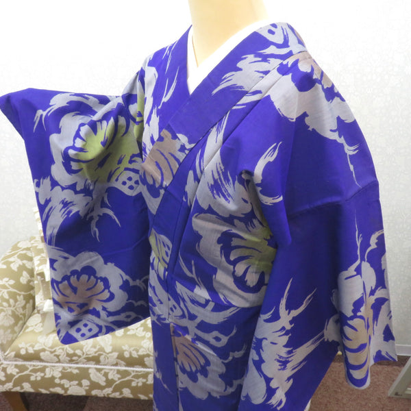 その他着物 アンティーク 単衣 紫 グレー 黄 茶 松 バチ衿 正絹 レトロ