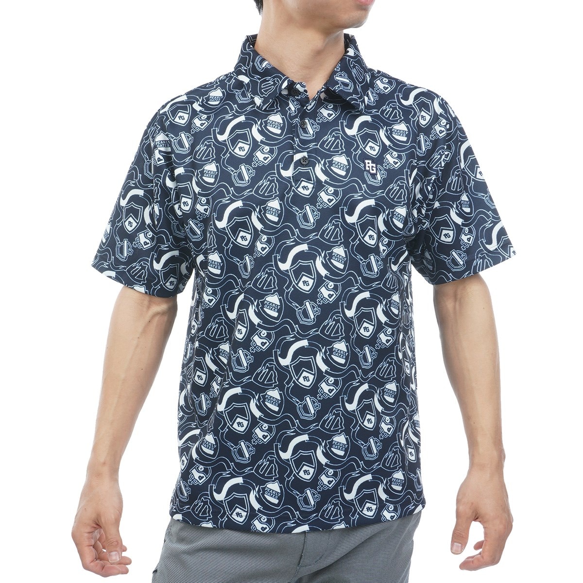 エンブレム総柄 鹿の子プリント半袖ポロシャツ(半袖シャツ・ポロシャツ