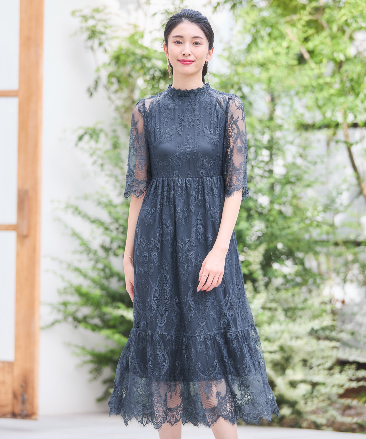 レーススタンドカラーワンピースドレスパーティードレス チャコール