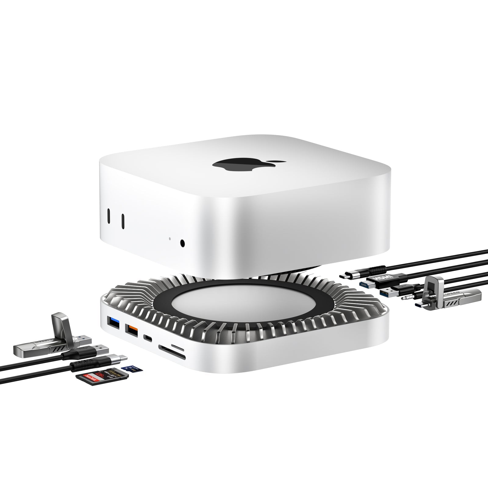 RayCue New M4/2024 Mac Mini Hub & Stand with NVMe/ M.2 SATA SSD Enclos