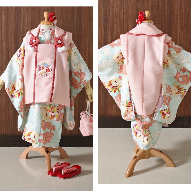 楽天市場】七五三 被布セット 3歳 女児 梅に鶴 着物 水色 被布 ピンク