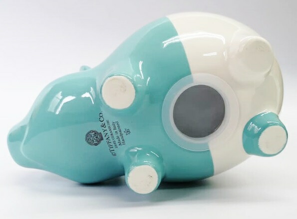ティファニー美品ピギーバンク陶器製豚貯金箱 白と水色の水玉模様