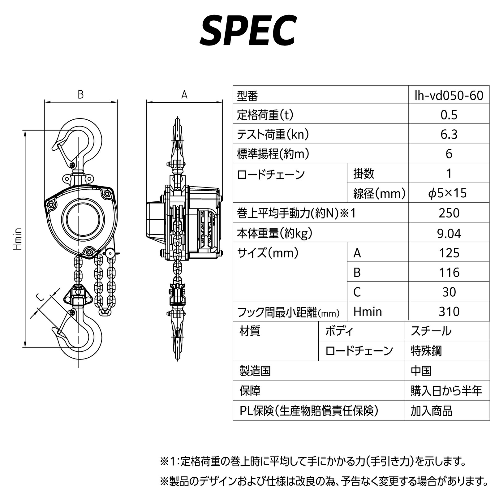 楽天市場】【ベスト・アンサー公式】チェーンブロック 0.5t 揚程6m 0.5