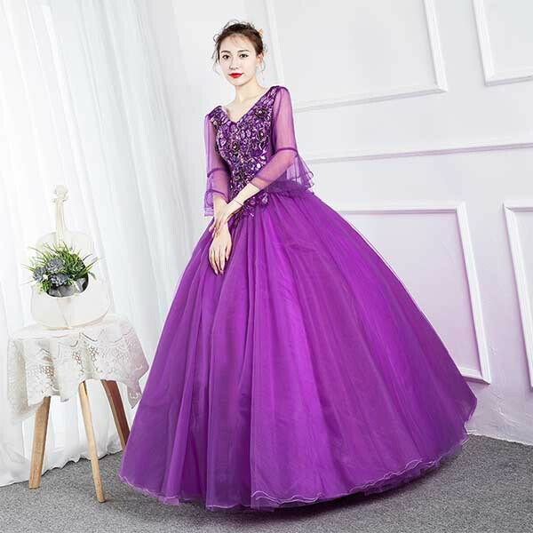 楽天市場】カラードレス ロングドレス 袖あり パープル 紫