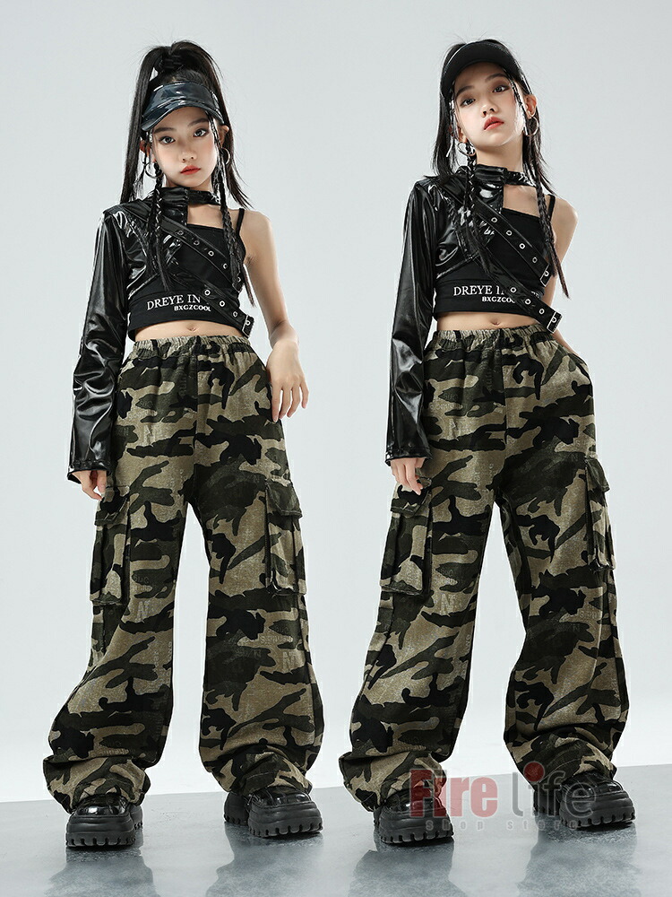 楽天市場】キッズダンス衣装 ガールズ 片袖 ワンショルダー PU革 迷彩
