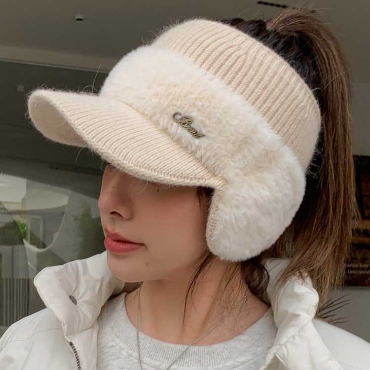 楽天市場】レディース キャップ 帽子 耳当て付きニットサンバイザー