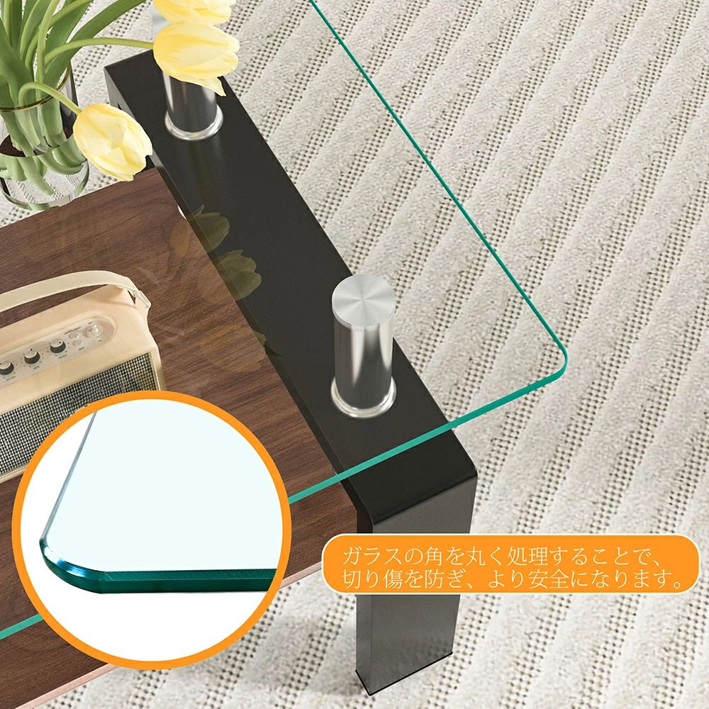 楽天市場】モダン長方形コーヒーテーブル 強化ガラス天板+MDF収納棚