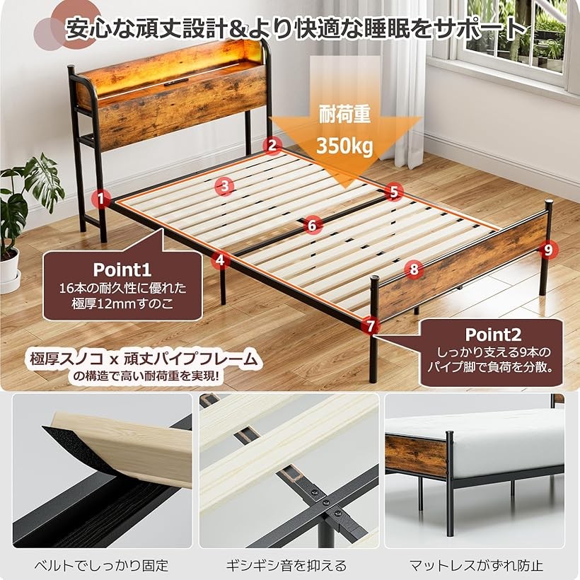 楽天市場】ベッドフレーム セミダブル パイプベッドSD 2口コンセント