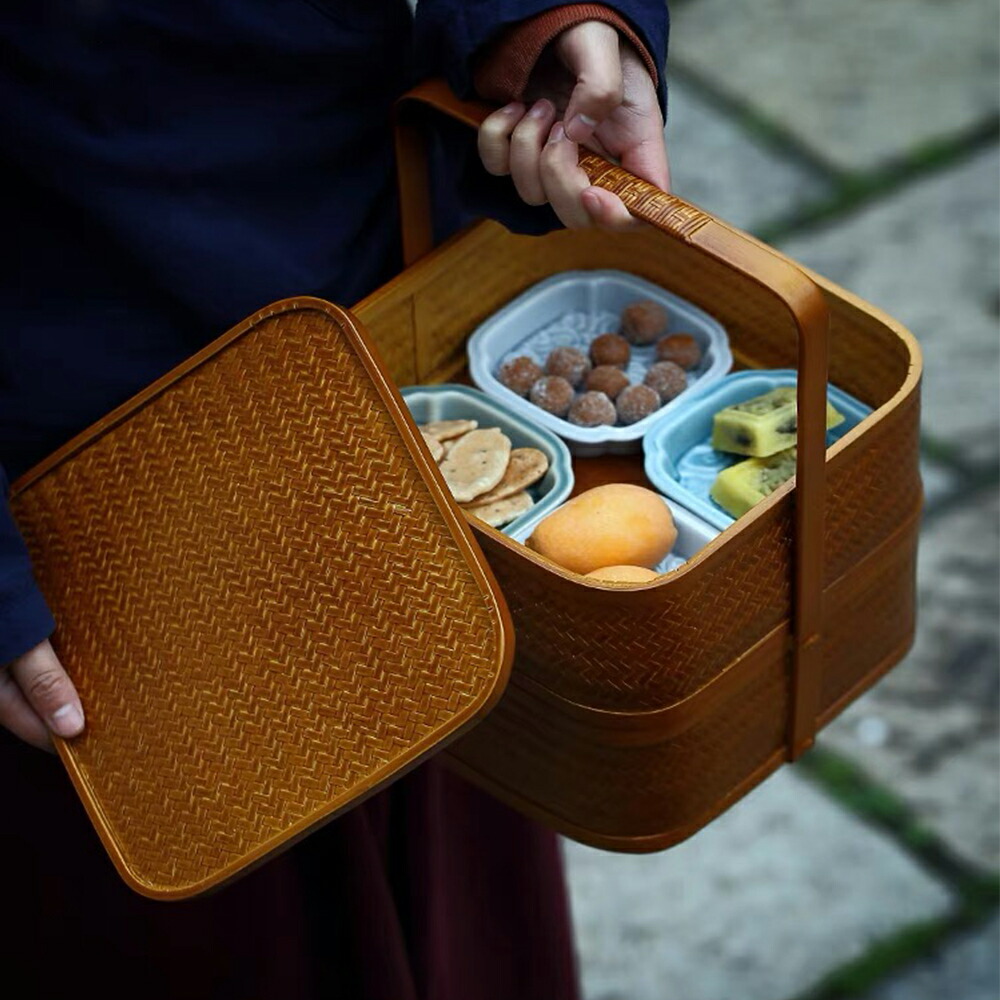 楽天市場】自然素材にこだわった かご 竹 かご ハンドル付き 二段 重箱