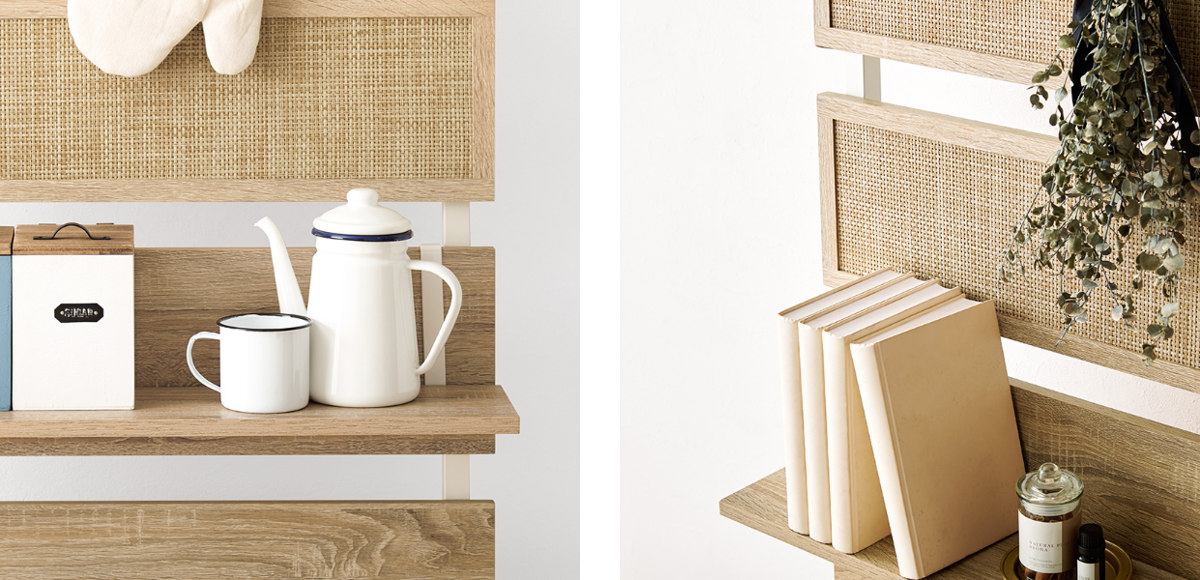 楽天市場】突っ張り ウォールラック 幅60cm ラタン調 木目調 ラダー