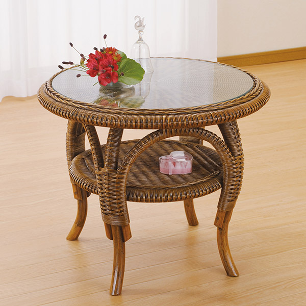 楽天市場】ラタンテーブル 円形 ガラス天板 ローテーブル 棚付 籐家具