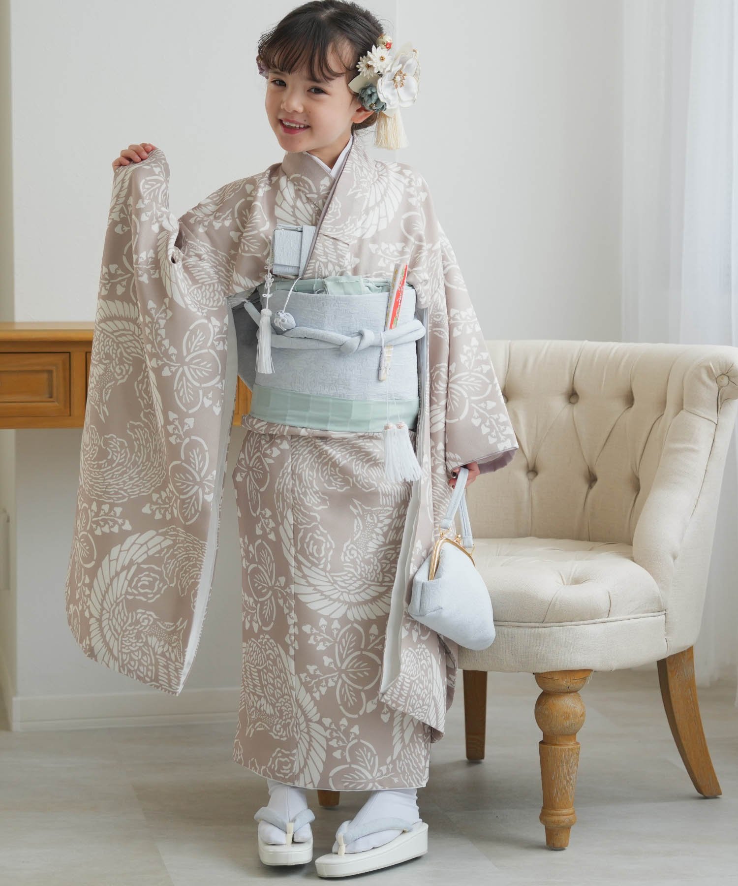 utatane｜ひよこ商店 七五三 着物 7歳 女の子 四つ身 白茶鳳凰