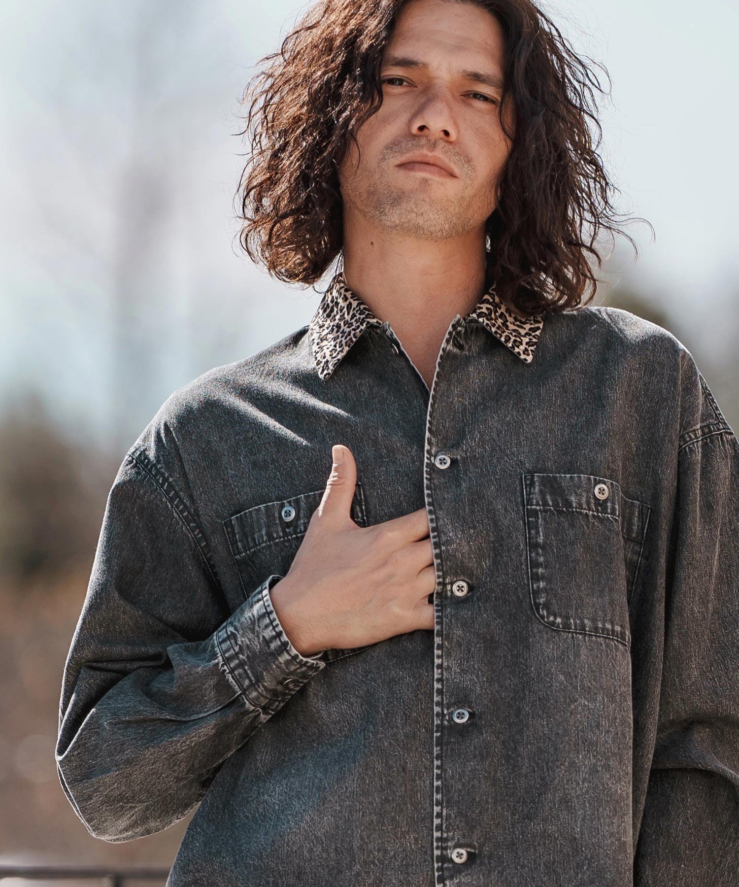 CAMBIO｜ms6023-レオパード襟切替ケミカルウォッシュ加工デニムシャツ