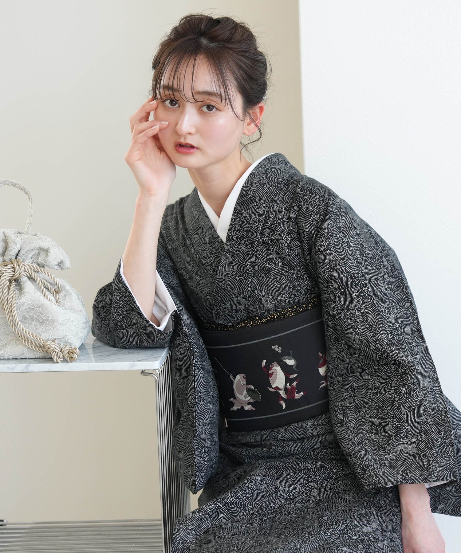 utatane｜ニコアンティーク 着物+帯 2点セット 黒の青海波に金魚と猫