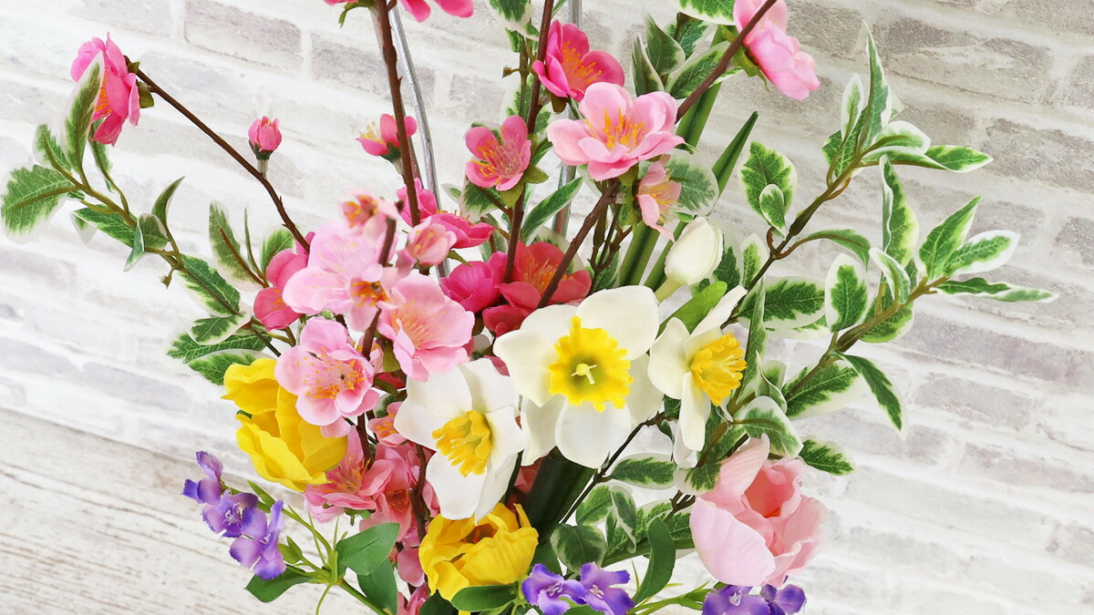 楽天市場】造花 桃や水仙とチューリップの花束のアレンジ シルク