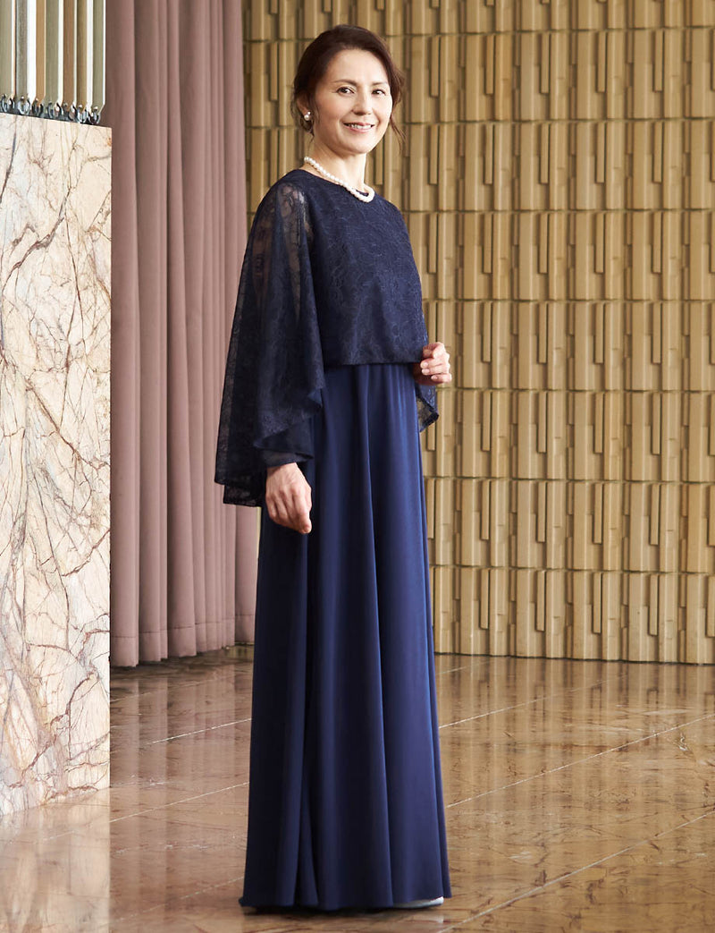 結婚式 母親ドレス ダークネイビー・マザーズドレス レース ケープ付き