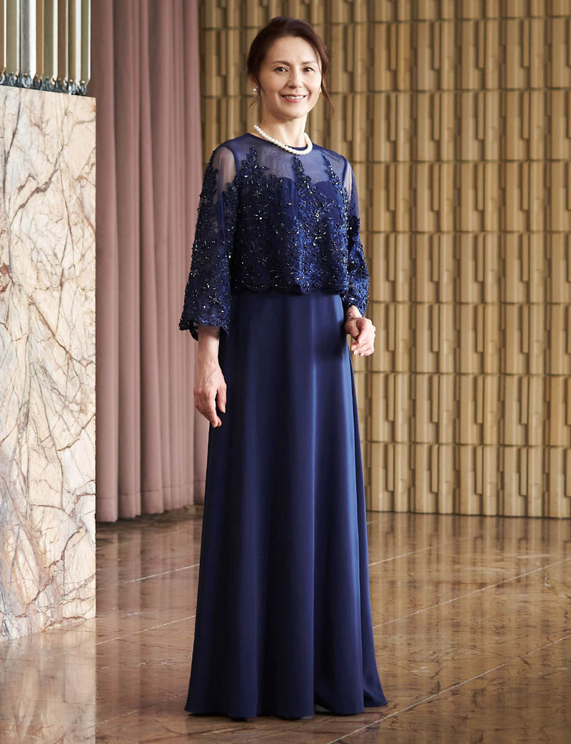 結婚式 母親ドレス ダークネイビーレース・マザーズドレス レース8分袖