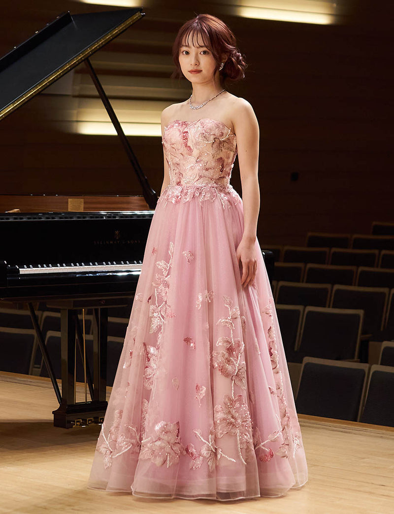 ピンクベージュ フローラルレース ロングドレス ベアトップ 発表会