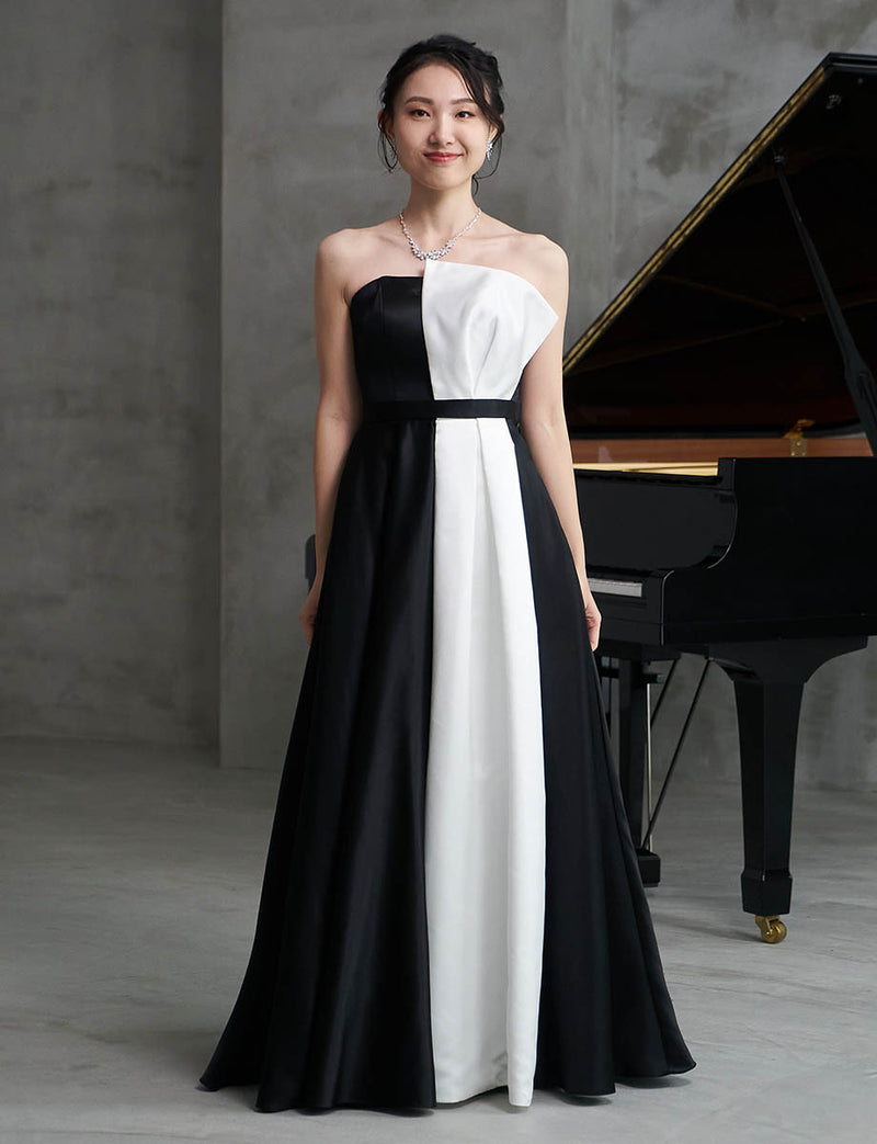 ベアトップロングドレス 演奏会用 ブラックホワイト サテン｜ツイード