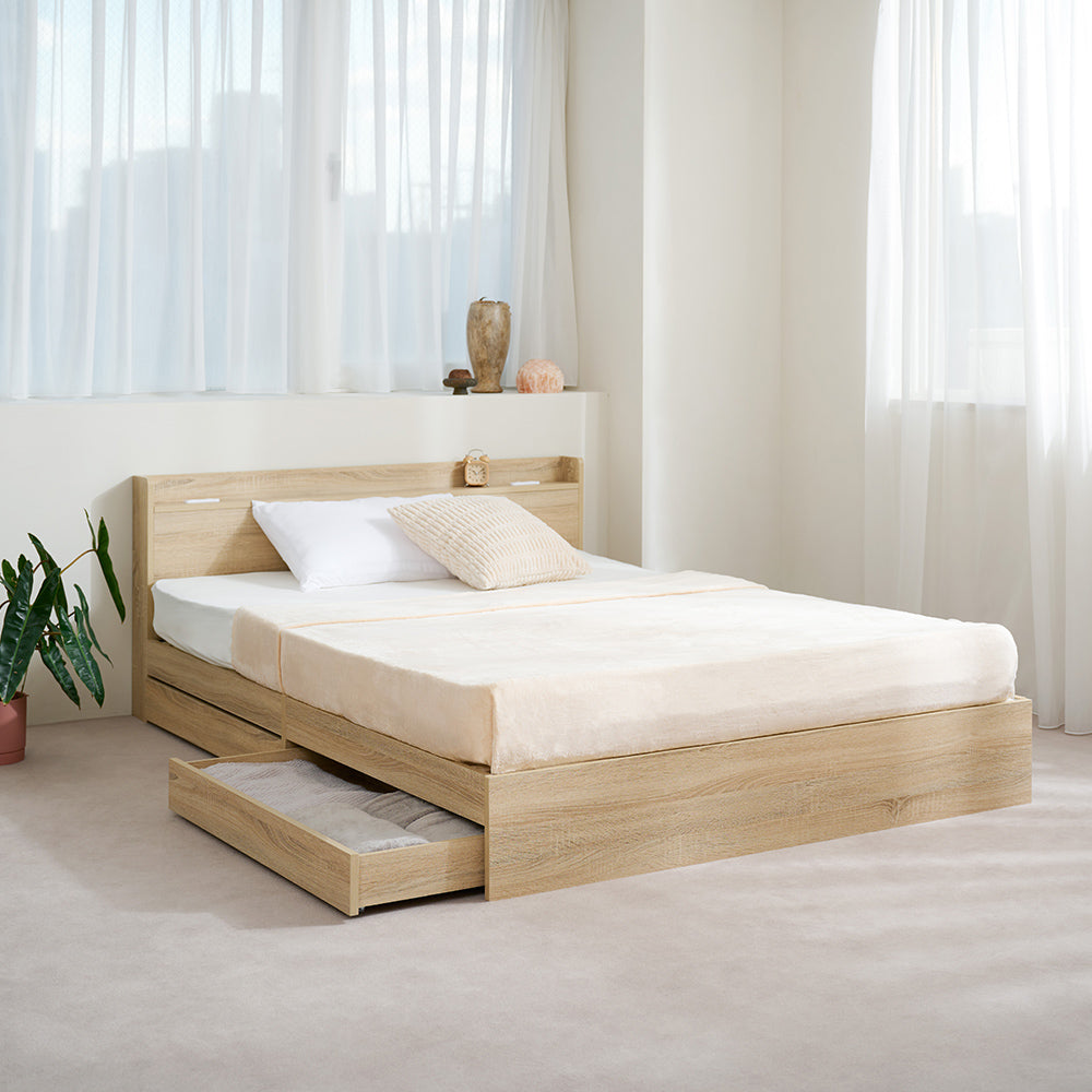 収納付き】ベッドフレーム 宮棚 コンセント付き 引き出し2杯 木目調