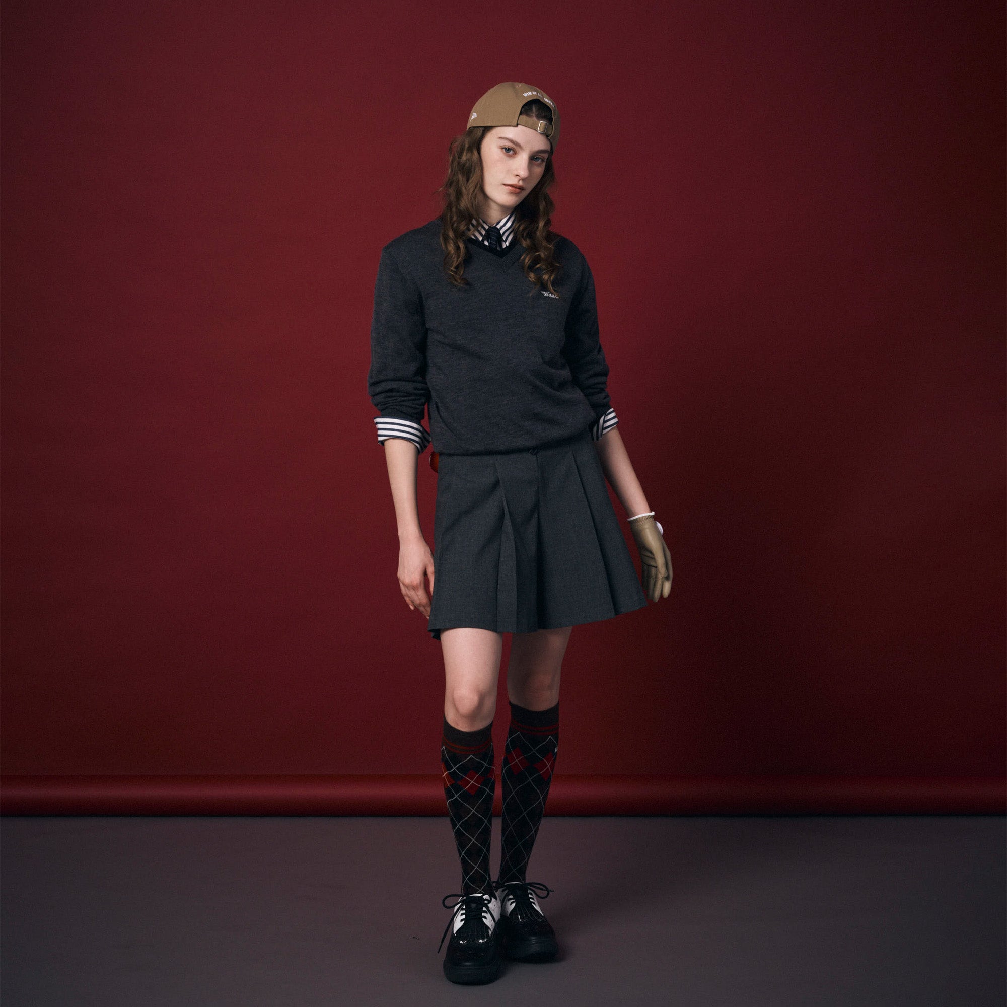 WOMEN ダブルリブVネックセーター グレー