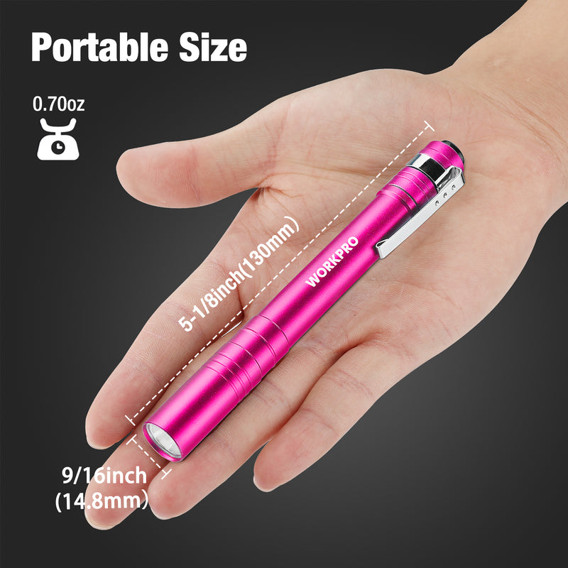 WORKPRO Pink LED Aluminum Pen Light, Pocket Flashlight with Clip, 8AAA