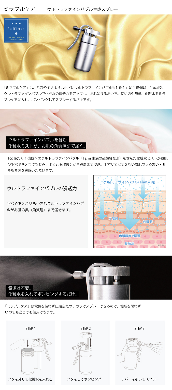 サイエンス 正規品 ウルトラファインバブル生成スプレー ミラブルケア