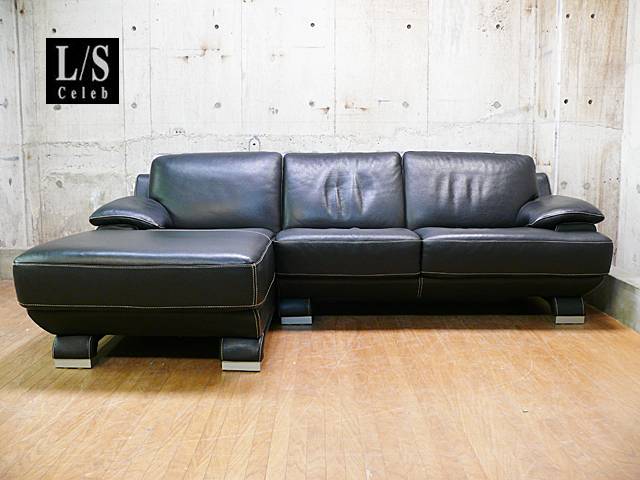 H112K72 IDC大塚家具 L/S コンフォート 黒革張り 3人掛けソファ IDC