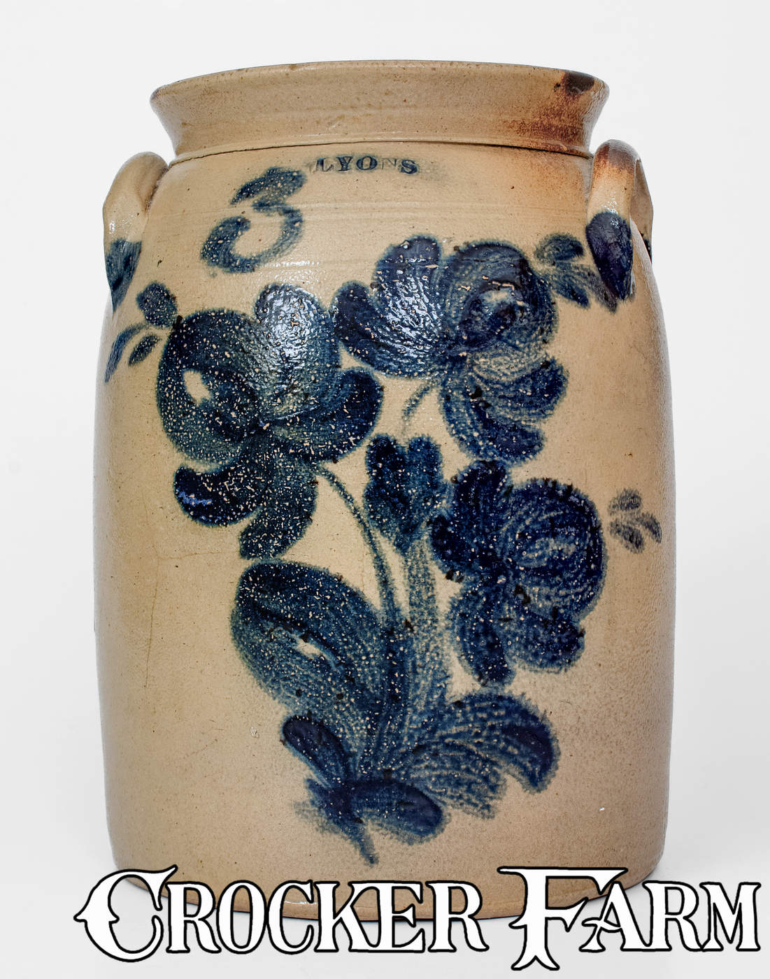 3 Gal. LYONS, New York Stoneware Jar w/ Elaborate Cobalt Floral