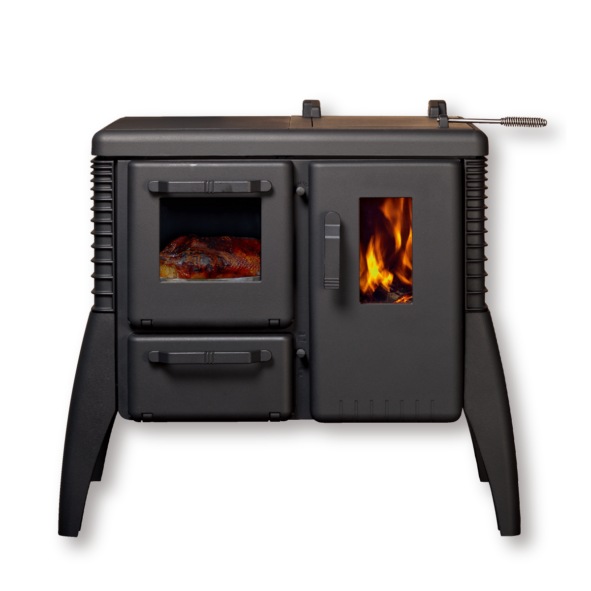 鋳鉄製 薪ストーブ 蓋付き 犬と人の彫刻 鋳鉄製 薪ストーブ 蓋付き 犬