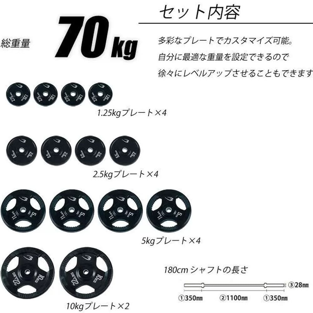 ラバーバーベルセットNR70kg シャフト180cm（ダンベル