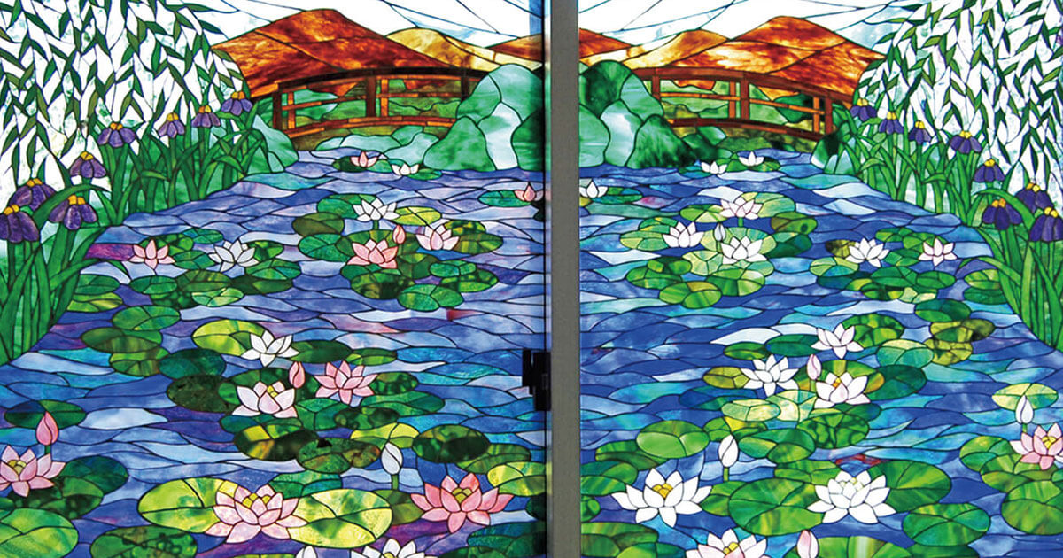 ステンドグラスモザイク-002「モネ『睡蓮と太鼓橋』」| ステンドグラス