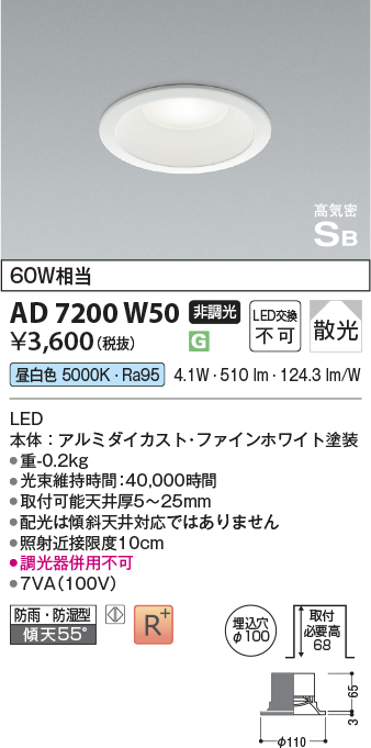 AD7200W50(コイズミ照明) 商品詳細 ～ 照明器具・換気扇他、電設資材