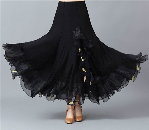 フリルから覗く羽根柄が印象的なロングスカート 黒 丈80cm 【完成品