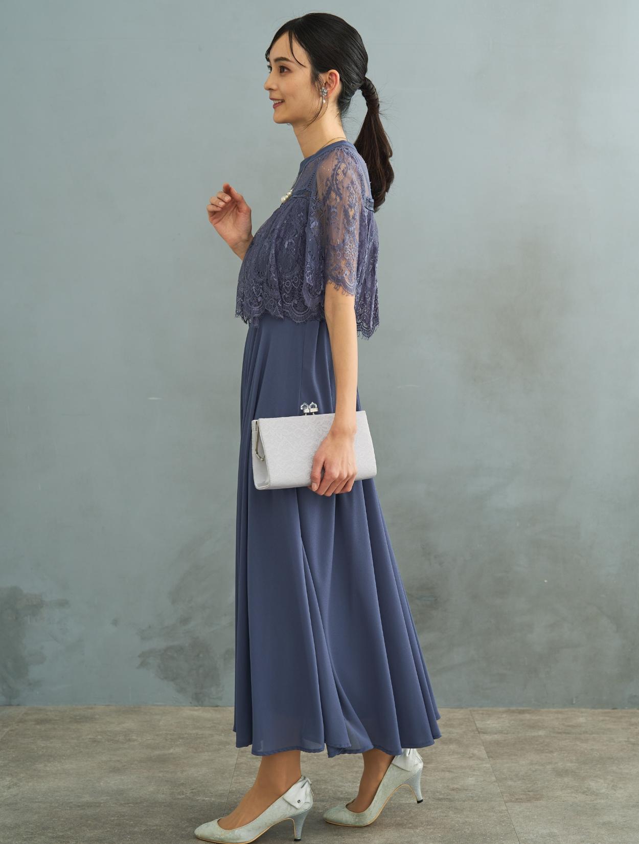 M】ブラウス風レースロングドレス（ブルー）DPSET0660のレンタルページ