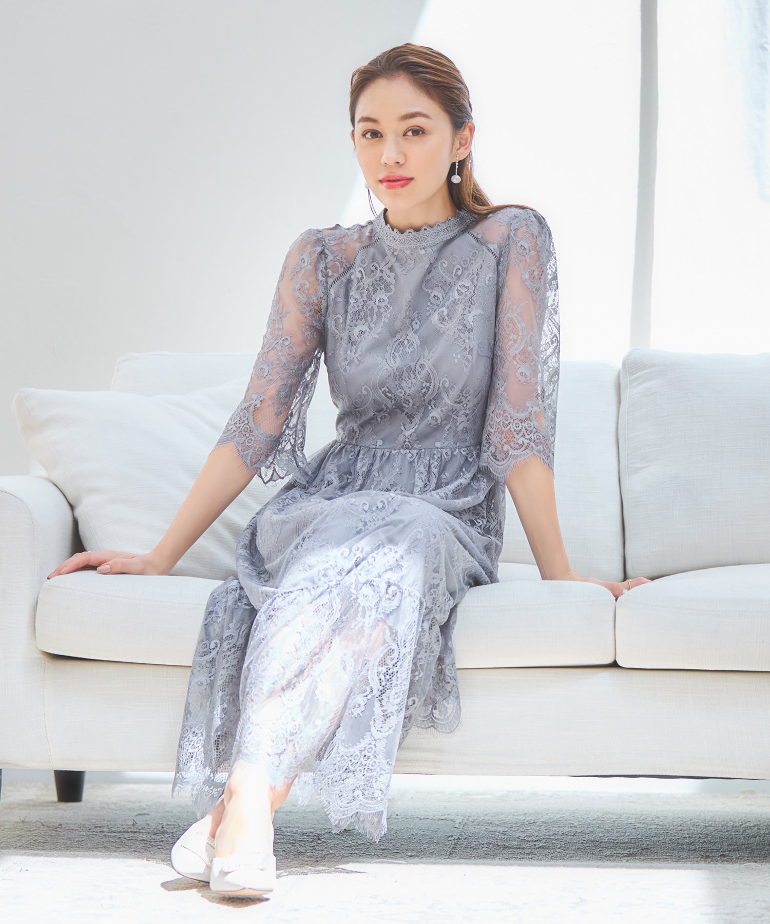 レーススタンドカラーワンピースドレスパーティードレス アッシュ