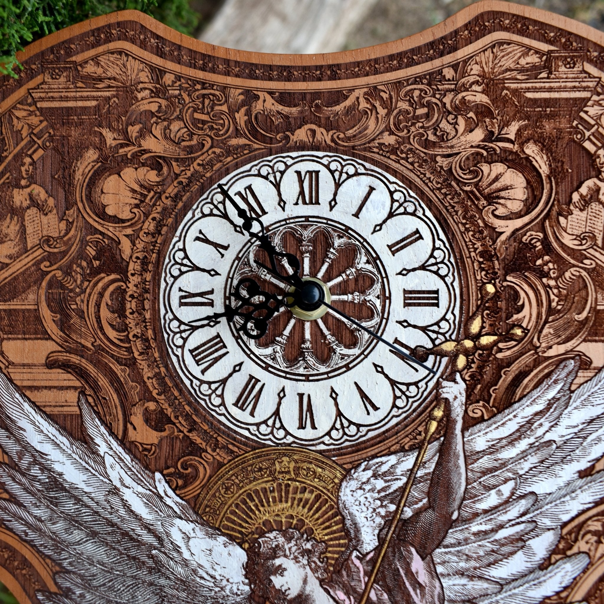 St. Michael Violin Clock - Hand-Painted Cedar Wood Gothic Wall Art