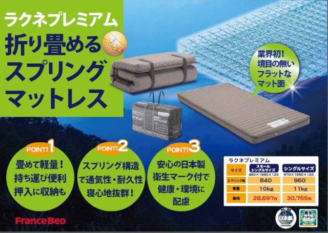 三つ折り可能なスプリングマットレス 「ラクネスーパー プレミアムSS