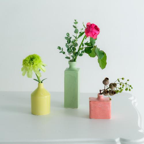 花瓶＞波佐見焼一輪挿し 3種セットA（イエロー、グリーン、ピンク
