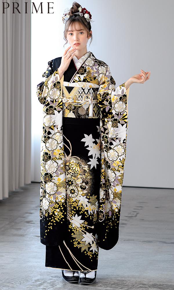 春秋くす玉文様の金彩友禅/黒｜伝統古典 【菊京屋】振袖レンタル 成人