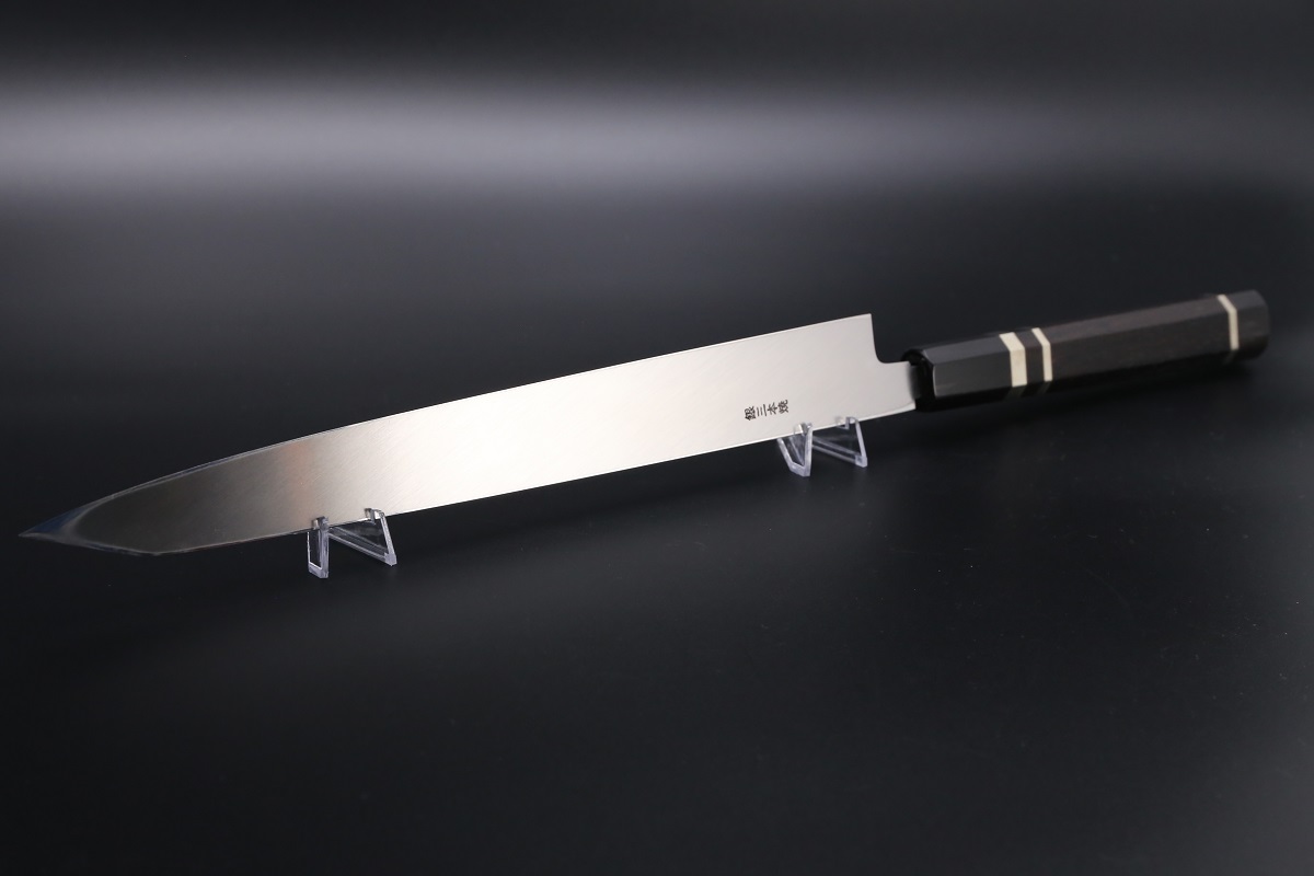 切付柳刃 銀三本焼 300mm 平鏡面 黒檀柄 鞘付き【左利き用】-歌舞伎ナイフ
