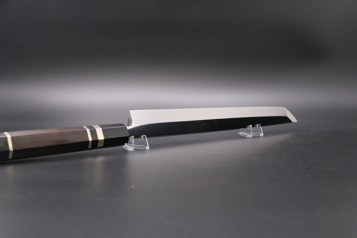 先丸蛸引 銀三本焼 300mm 平鏡面 黒檀柄 鞘付き【左利き用】-歌舞伎ナイフ