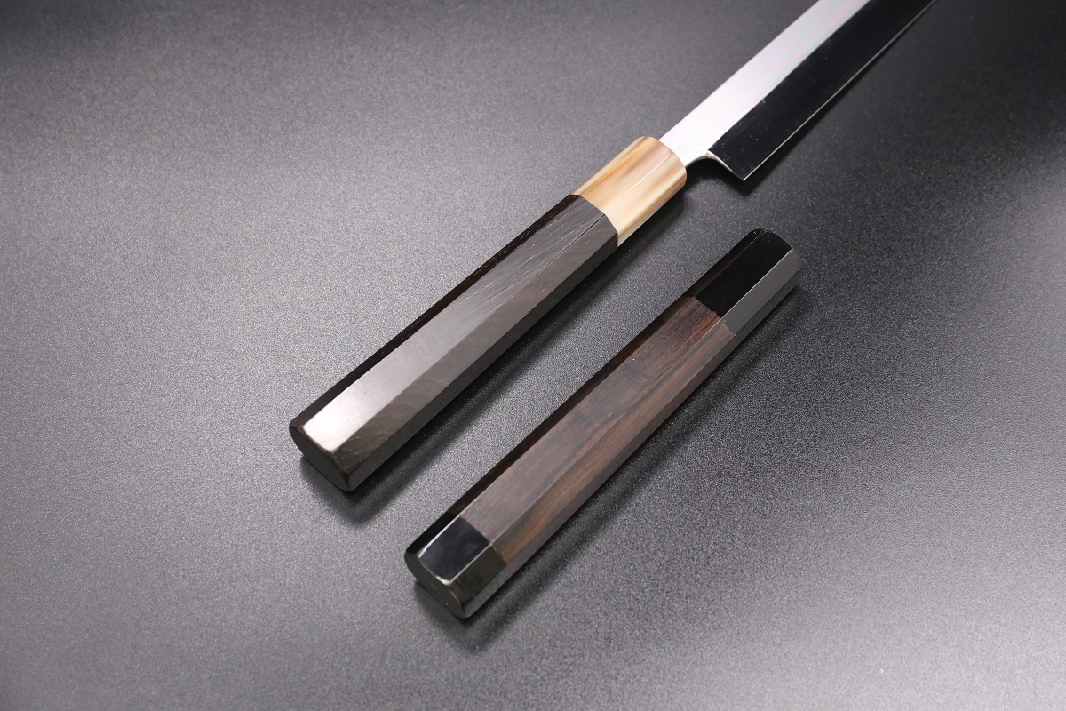 ふぐ引 青鋼 300mm 水本焼 全鏡面 八角黒檀柄 鞘付き 白木健一作-歌舞