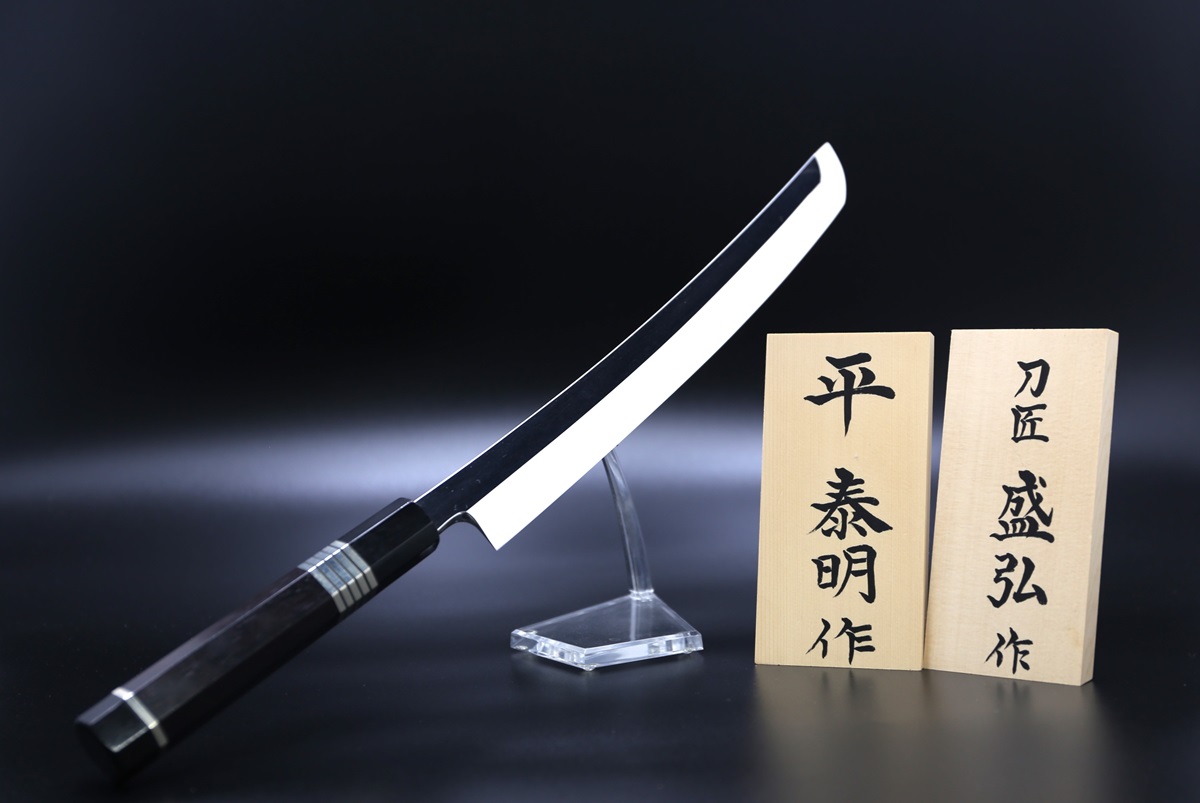 先丸柳刃 玉鋼 300mm 全鏡面仕上 八角黒檀柄 鞘付き 平泰明作-歌舞伎ナイフ