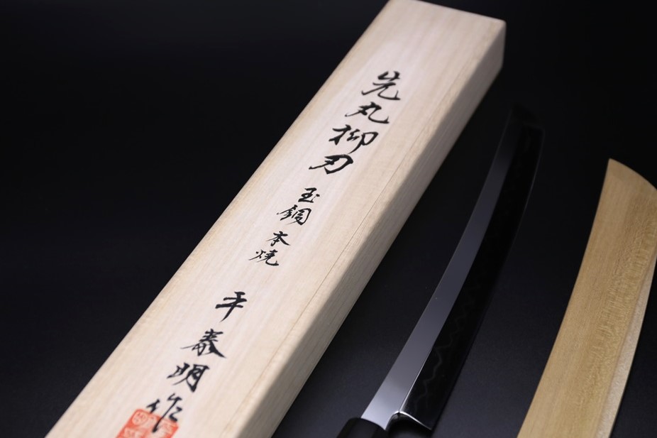 先丸柳刃 玉鋼 300mm 全鏡面仕上 八角黒檀柄 鞘付き 平泰明作-歌舞伎ナイフ