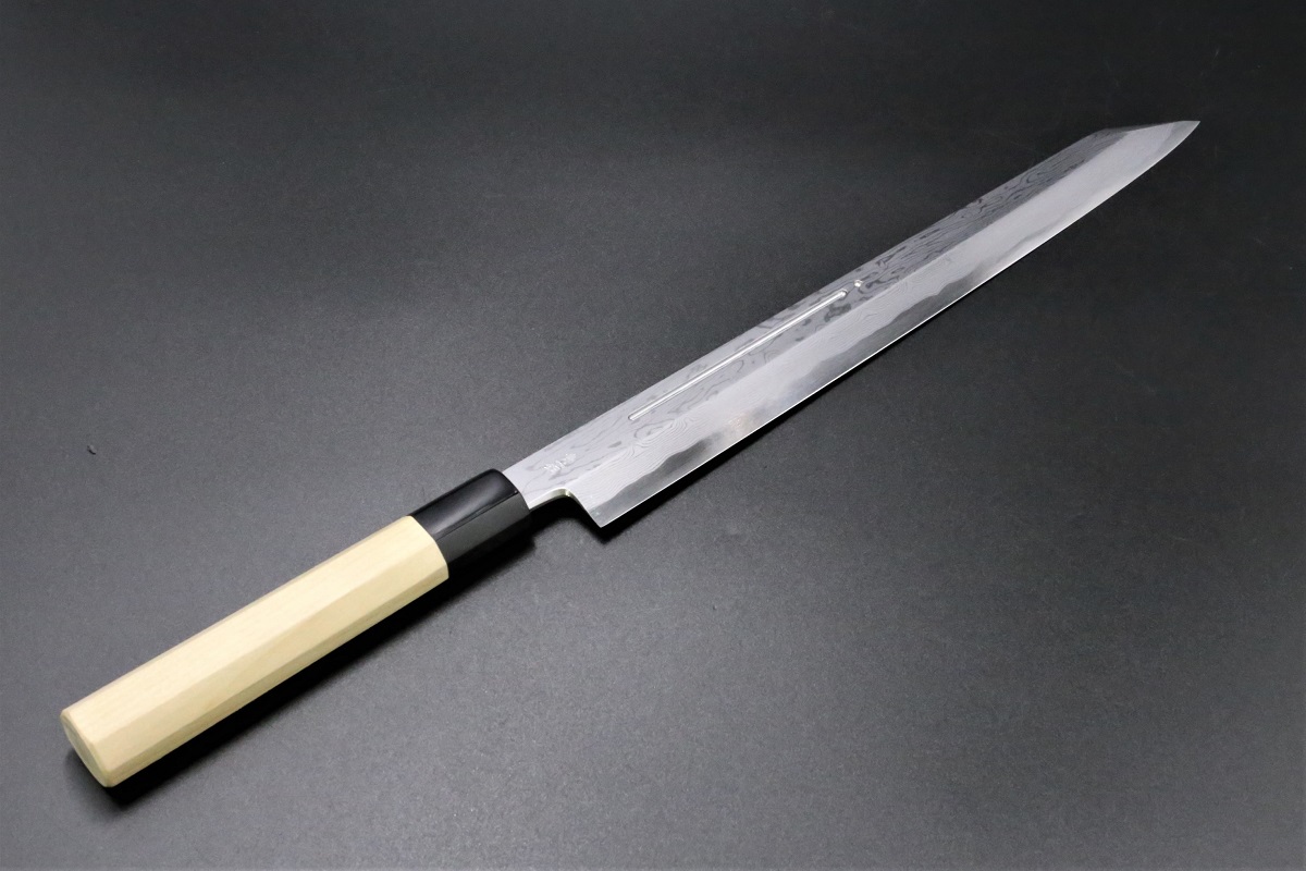 切付柳刃 青一鋼 300mm ダマスカス 墨流し 血流し入り 鞘付き 中川悟志