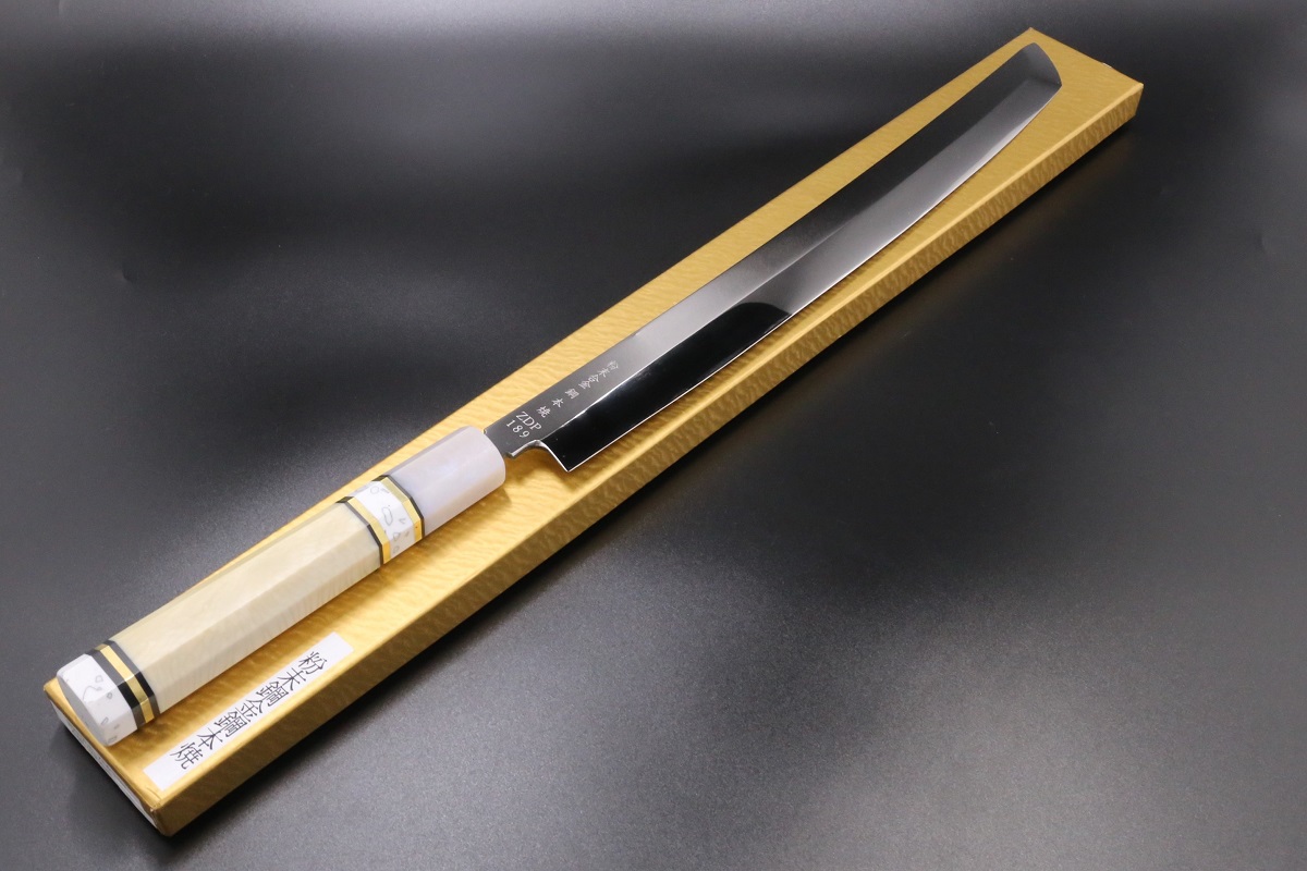 剣型 柳刃先丸 ZDP-189 390mm 全鋼本焼 全鏡面仕上げ 八角柄樹脂製