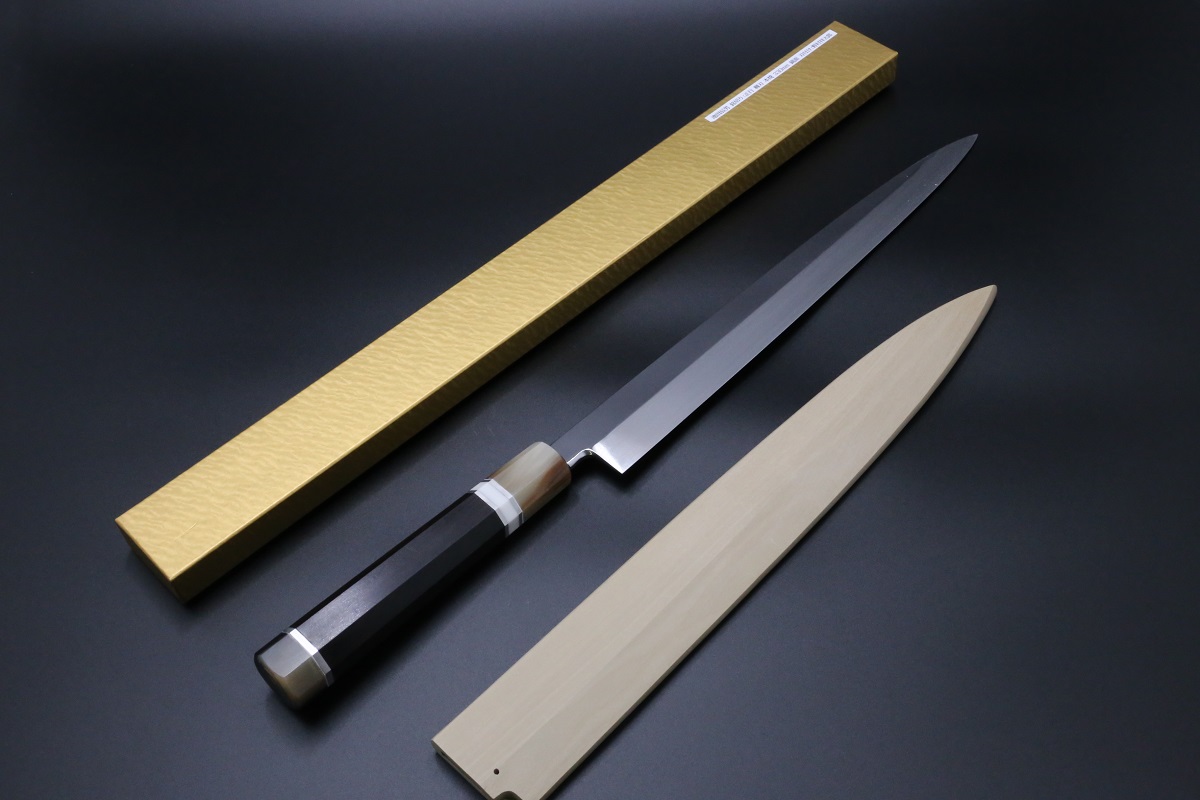 柳刃 白一鋼 330mm 水本焼 正行作 八角黒檀柄 池田辰男作-歌舞伎ナイフ