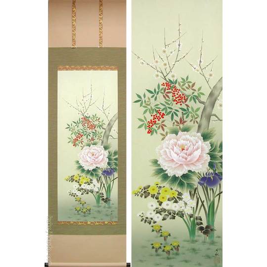 掛け軸 四季草花 （横山香秋） 送料無料 【掛軸】【一間床・半間床
